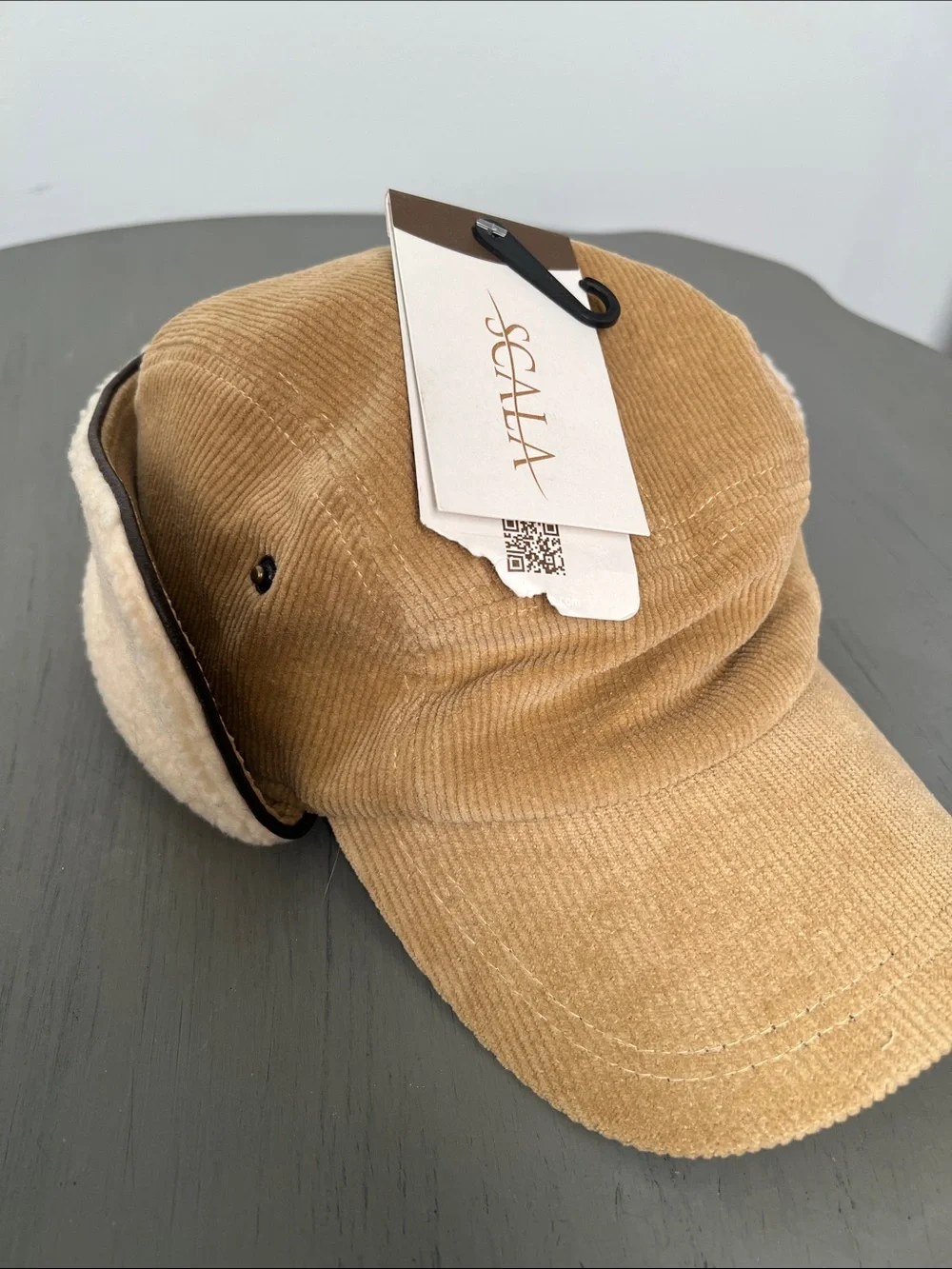Scala Corduroy Earflap Cap in Tan with Cream Shearling